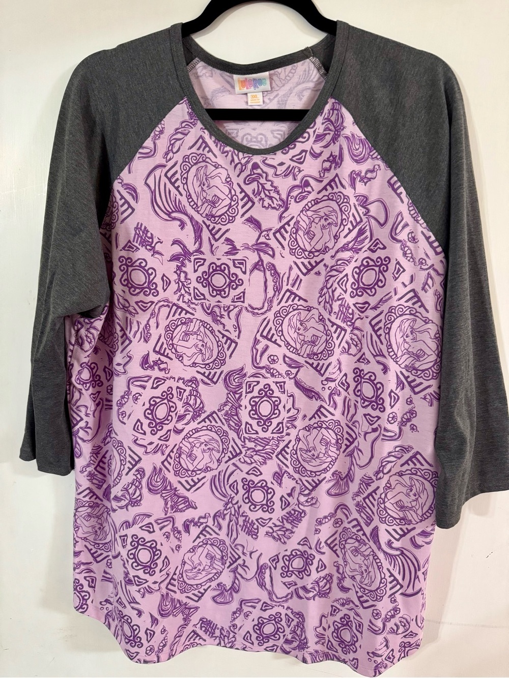 LuLaRoe Disney Ariel Little Mermaid Randy Shirt 3XL Purple Gray Raglan Tee